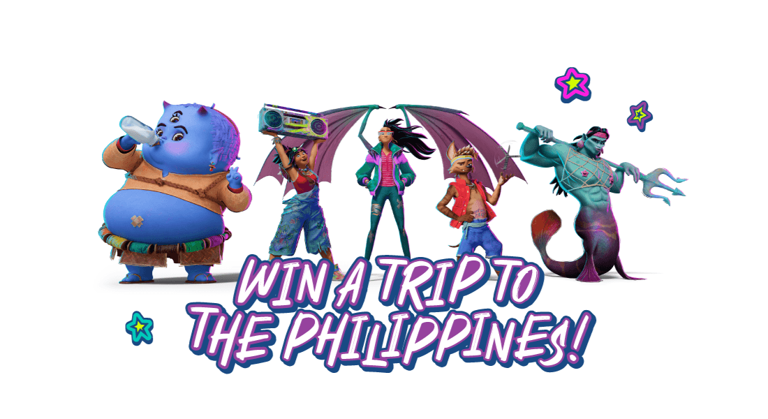 Forgotten Island characters with a WIN A TRIP TO THE PHILIPPINES text on a transparent background.